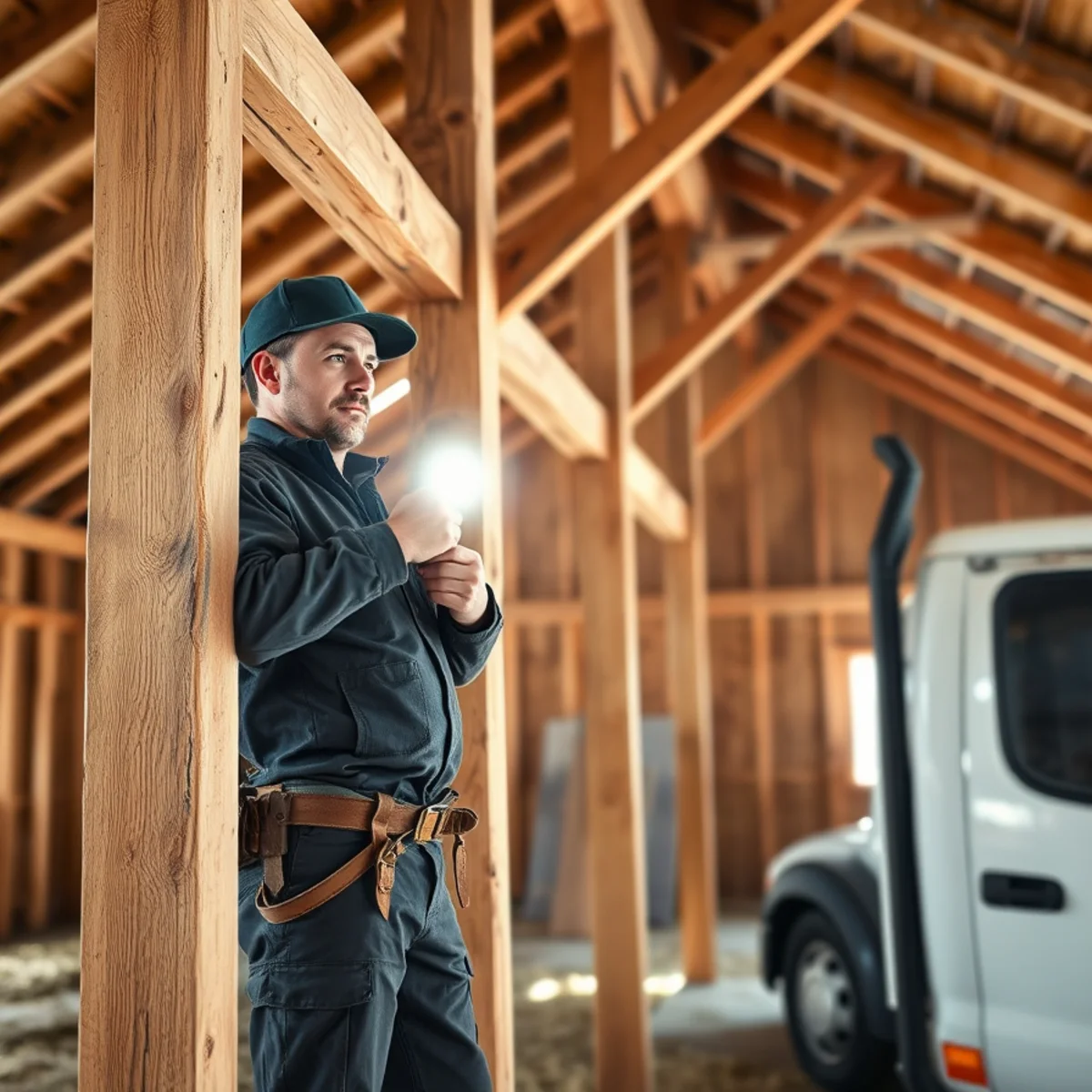 Estimator inspecting hand-hewn heavy timber barn frame posts and knee braces in hay loft