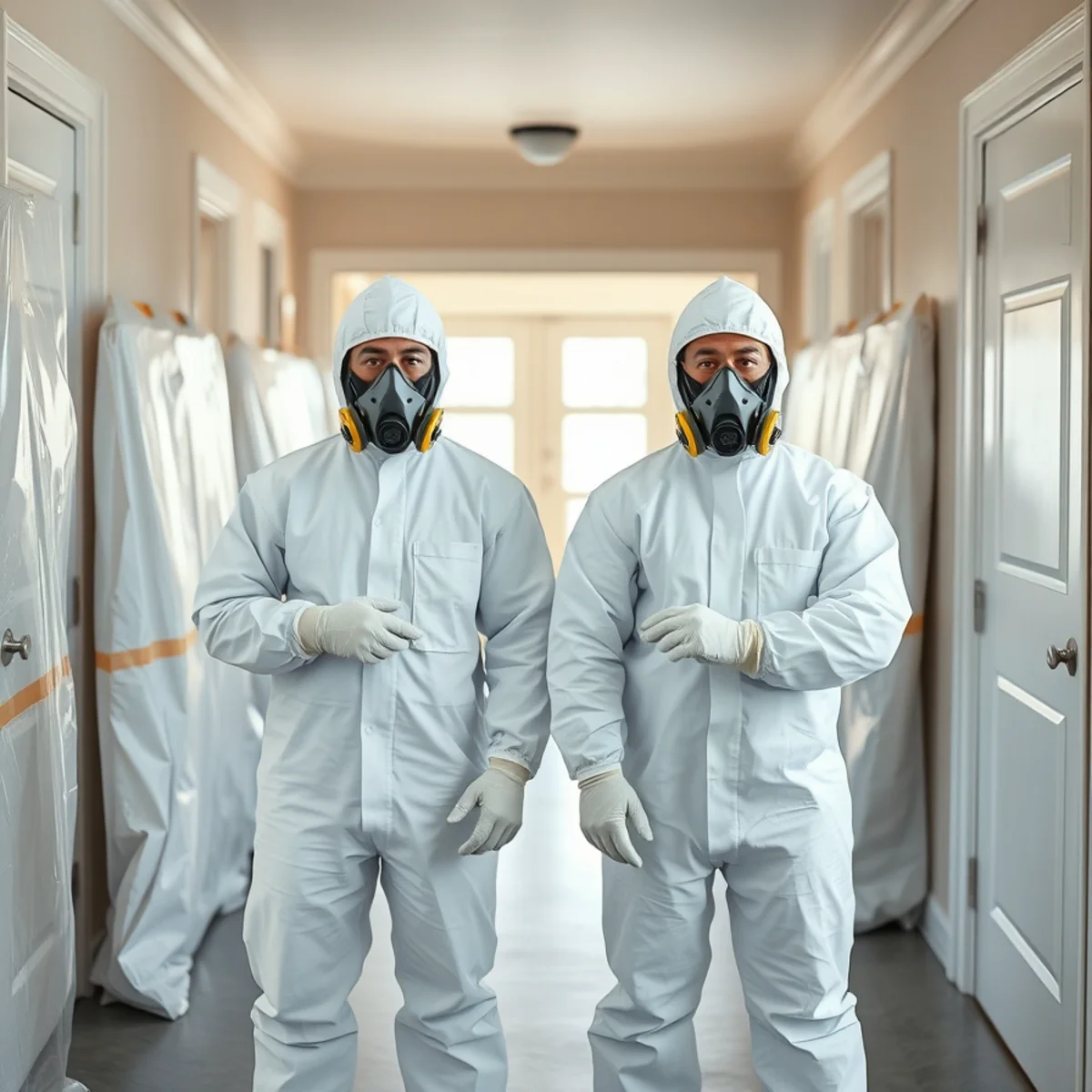 Certified biohazard technicians in full Tyvek suits and respirators staged at containment entry