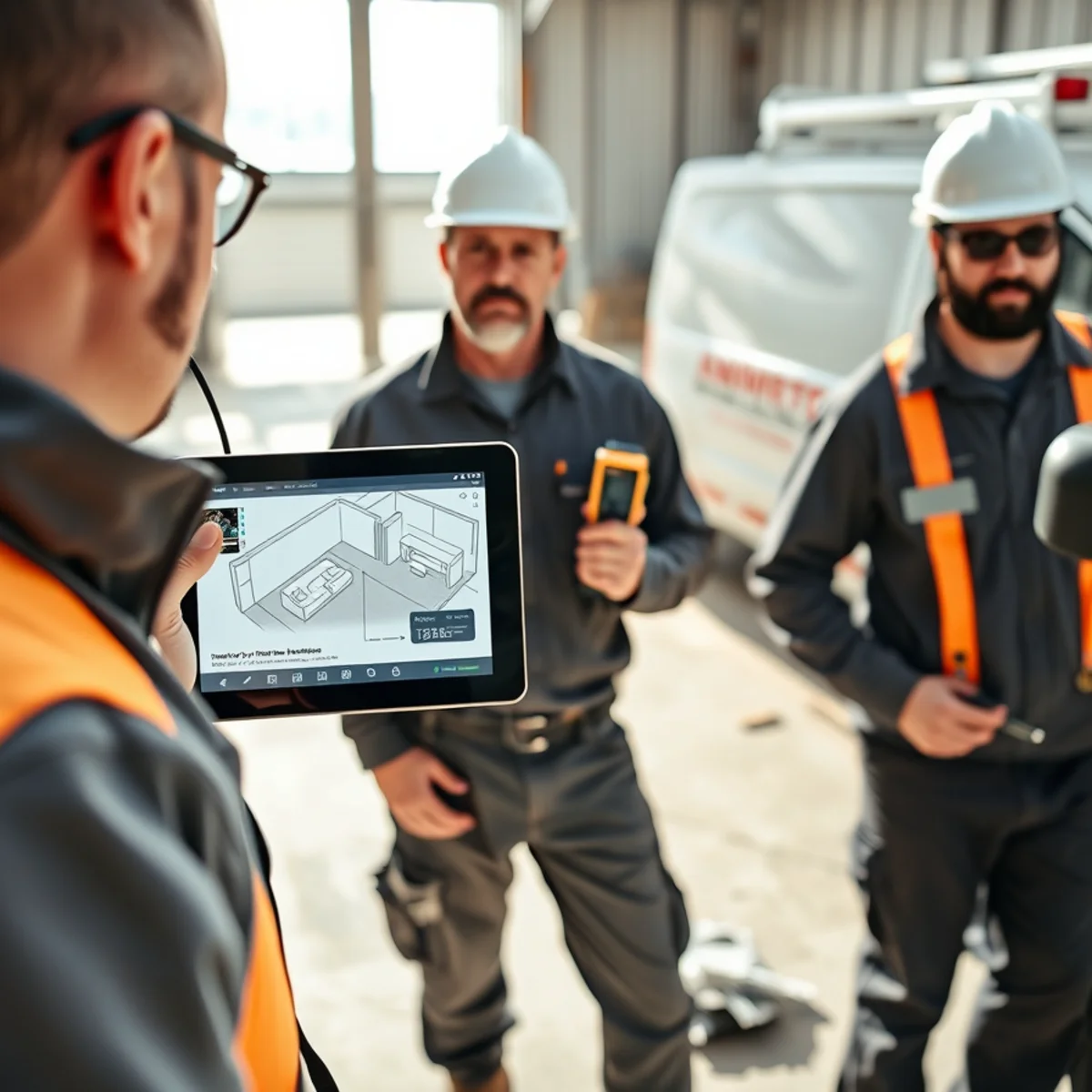 Estimator using laser distance meter and tablet showing Xactimate 3D room reconstruction model