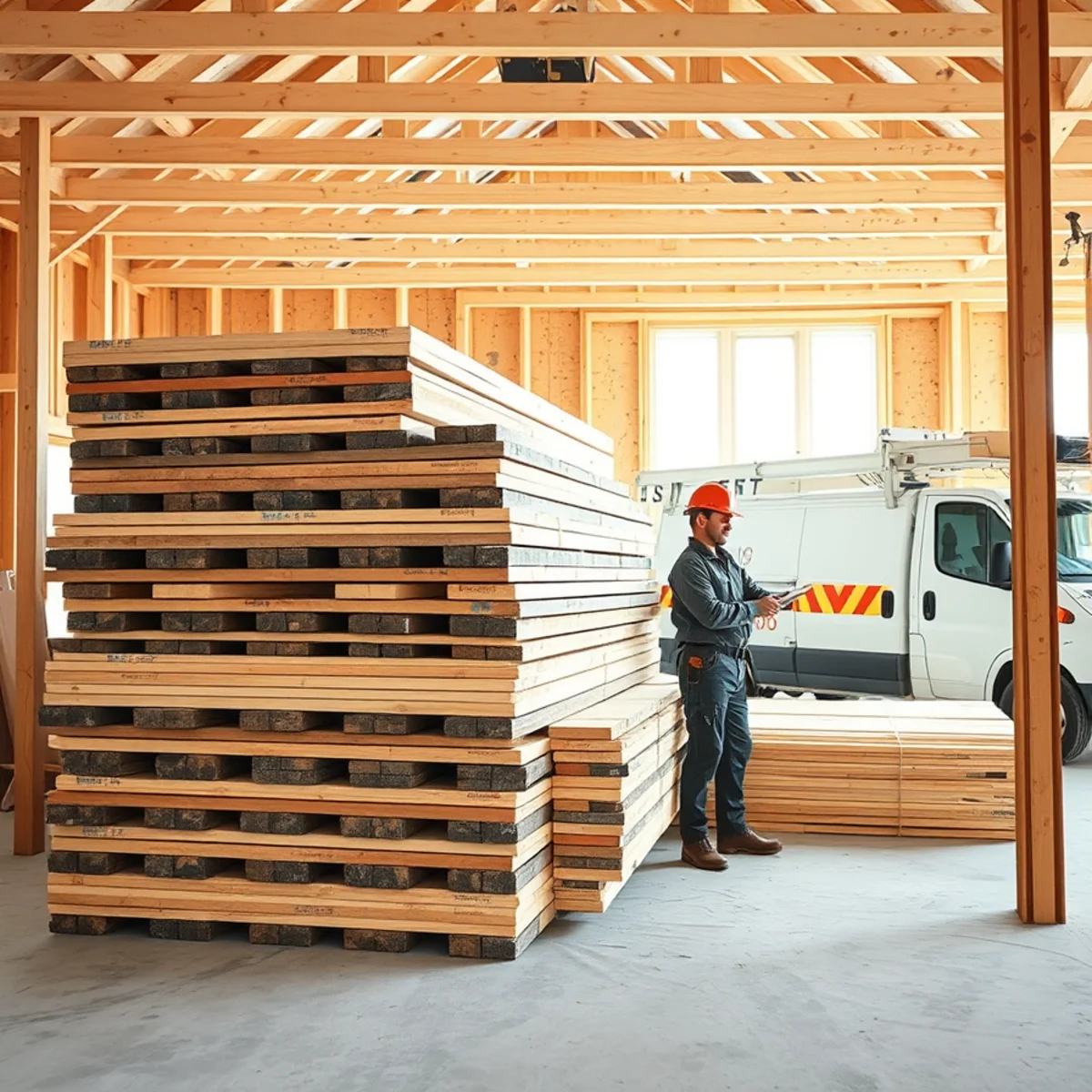 Stack of clean structural lumber and subfloor plywood staged inside home for reconstruction