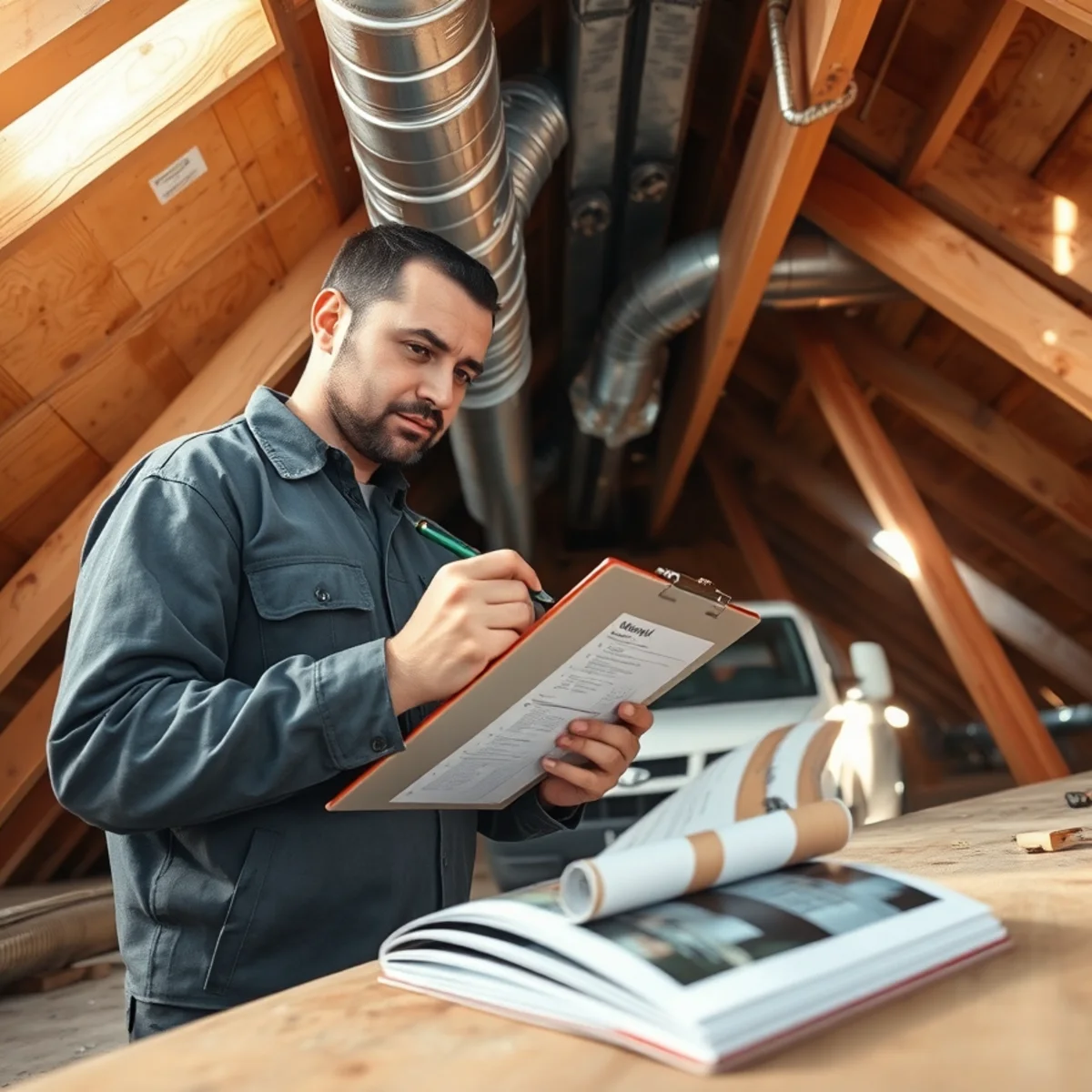Estimator examining damaged attic flexible ductwork comparing cleaning cost to full replacement