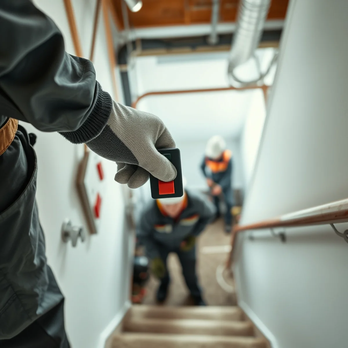 Hand flipping red emergency oil burner shutoff switch at top of basement stairs