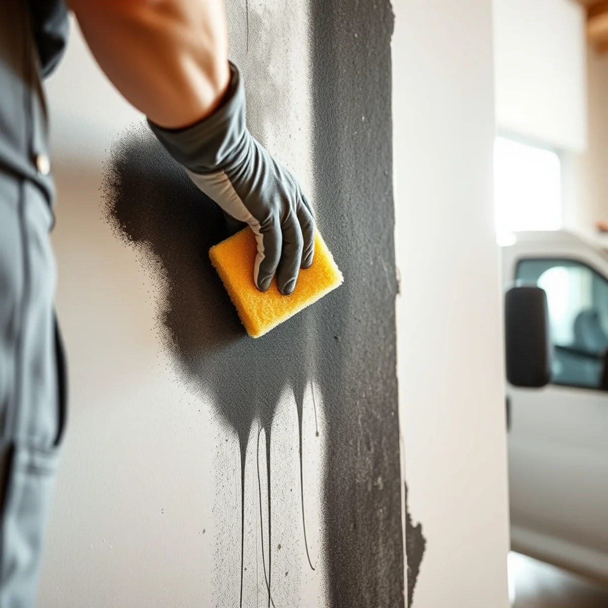 Dry chemical sponge wiping clean test stripe through oily furnace soot on painted drywall