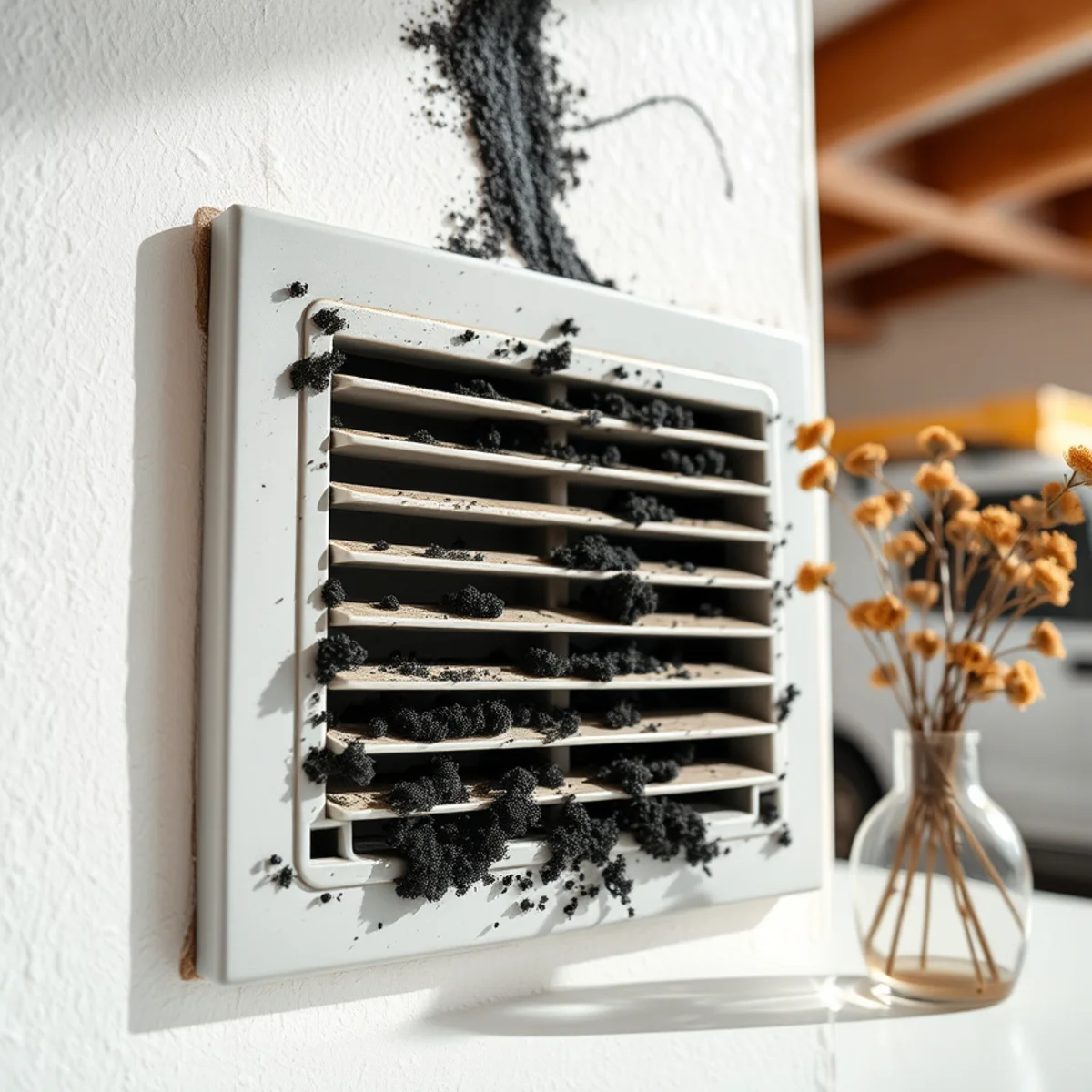 Residential forced-air supply register coated in fine black oil soot from furnace puff-back