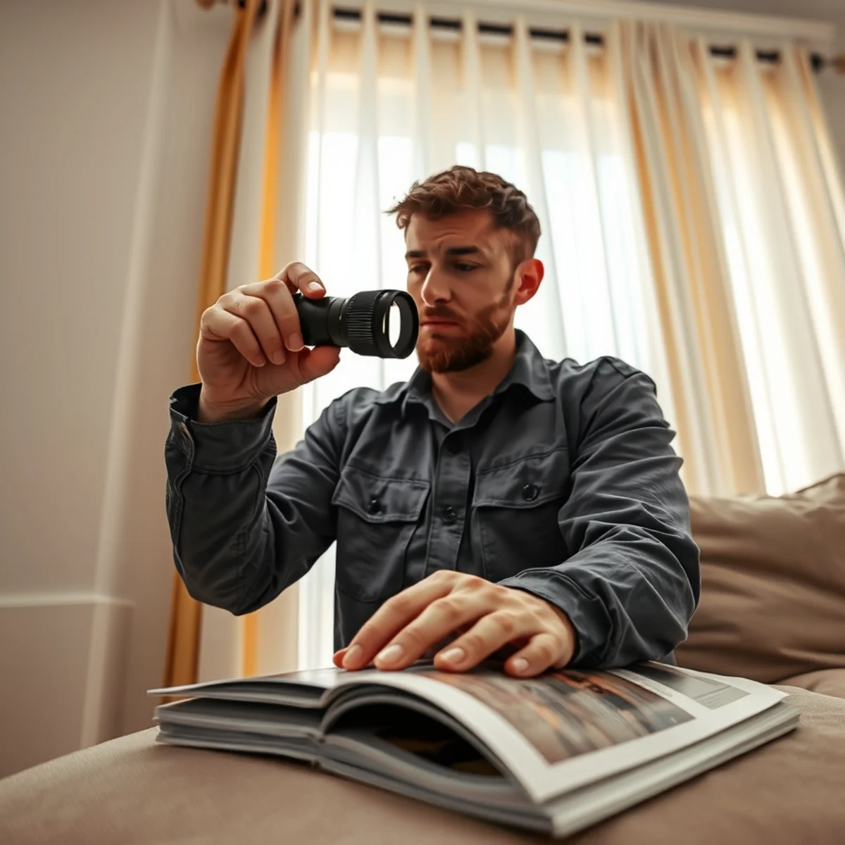 Technician inspecting fine oil soot particles on living room window curtains with magnifier