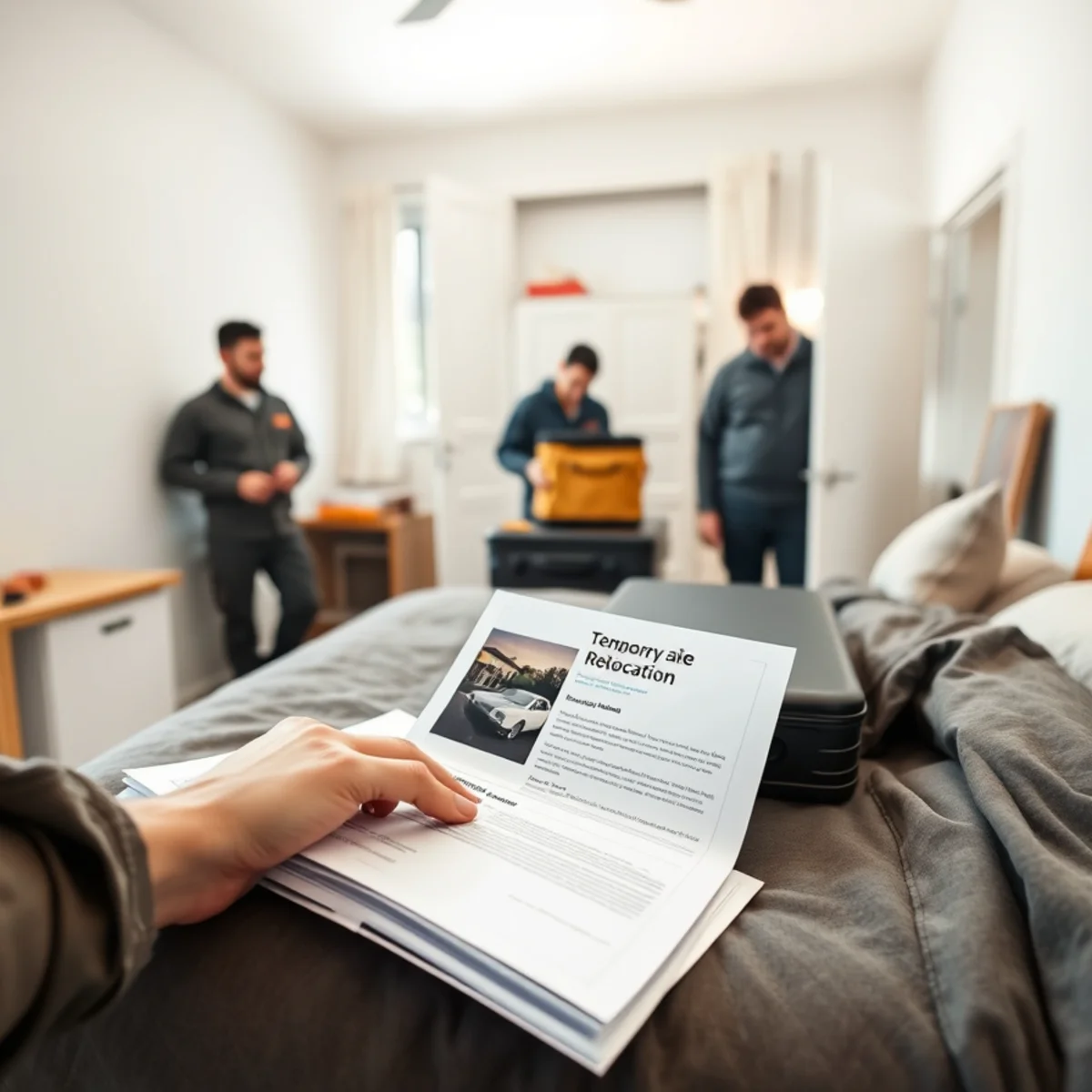 Homeowner packing luggage for temporary hotel relocation under insurance ALE coverage