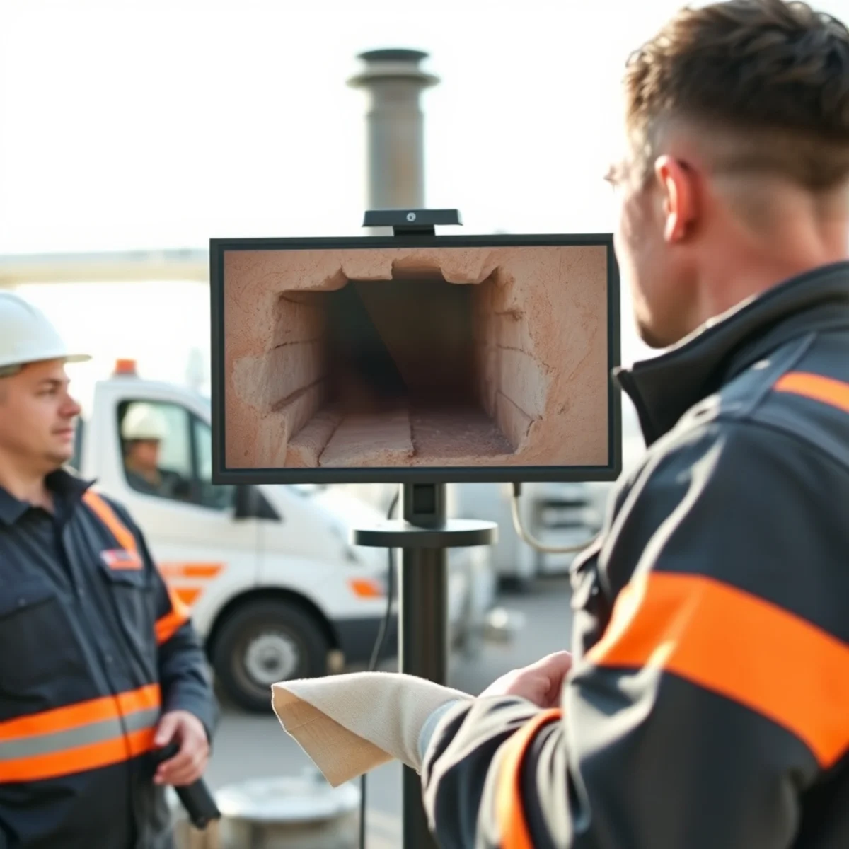 Inspection monitor displaying thermal stress fracture in clay tile chimney flue liner