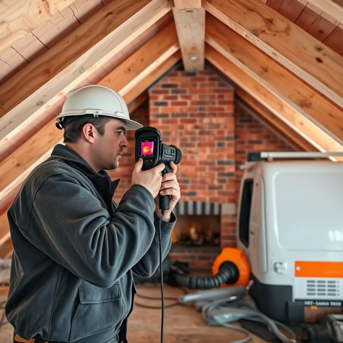 Infrared thermal camera inspecting wooden roof framing clearances around brick chimney chase