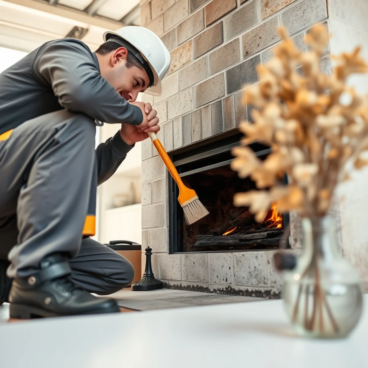 Technician applying chemical neutralizing paste to baked-on creosote inside fireplace firebox