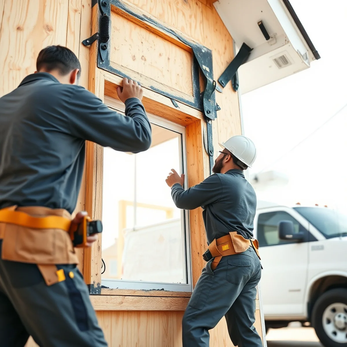 Carpenter securing heavy plywood panel over charred window frame using interior braces