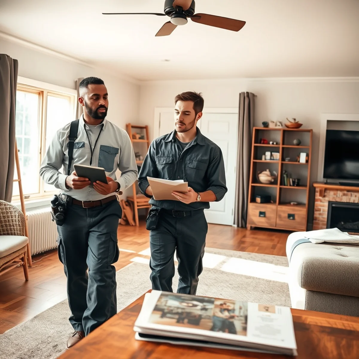 Restoration supervisor and insurance field adjuster documenting fire damage in living room