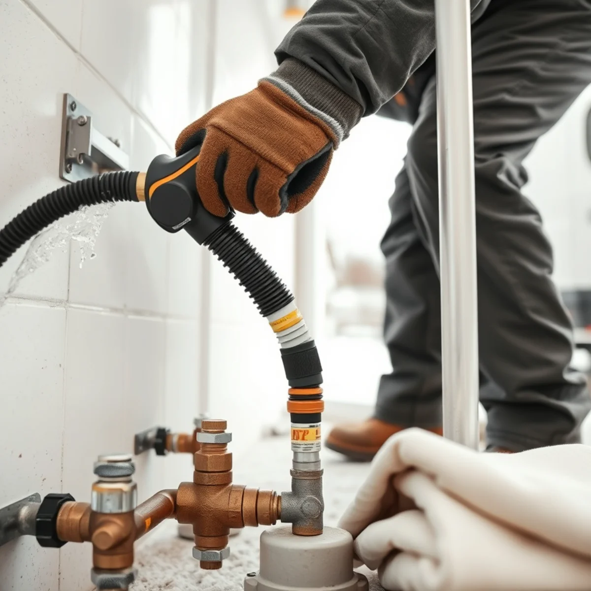 Technician attaching compressor hose to basement plumbing manifold to evacuate standing water