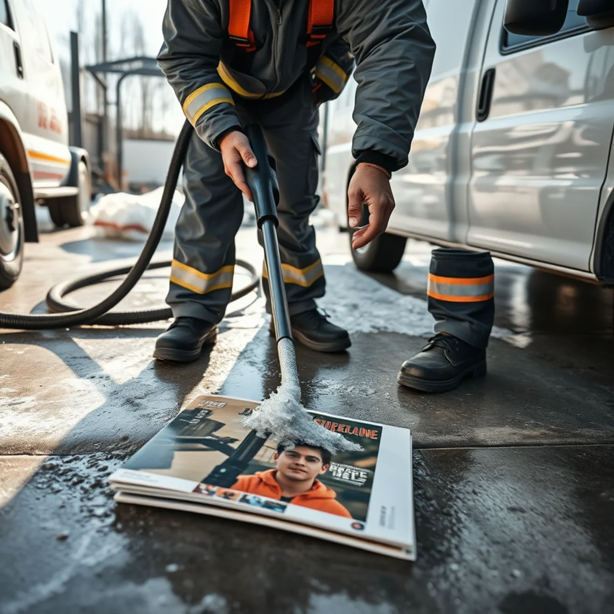 Technician vacuuming icy slush and standing firefighting water from basement concrete floor