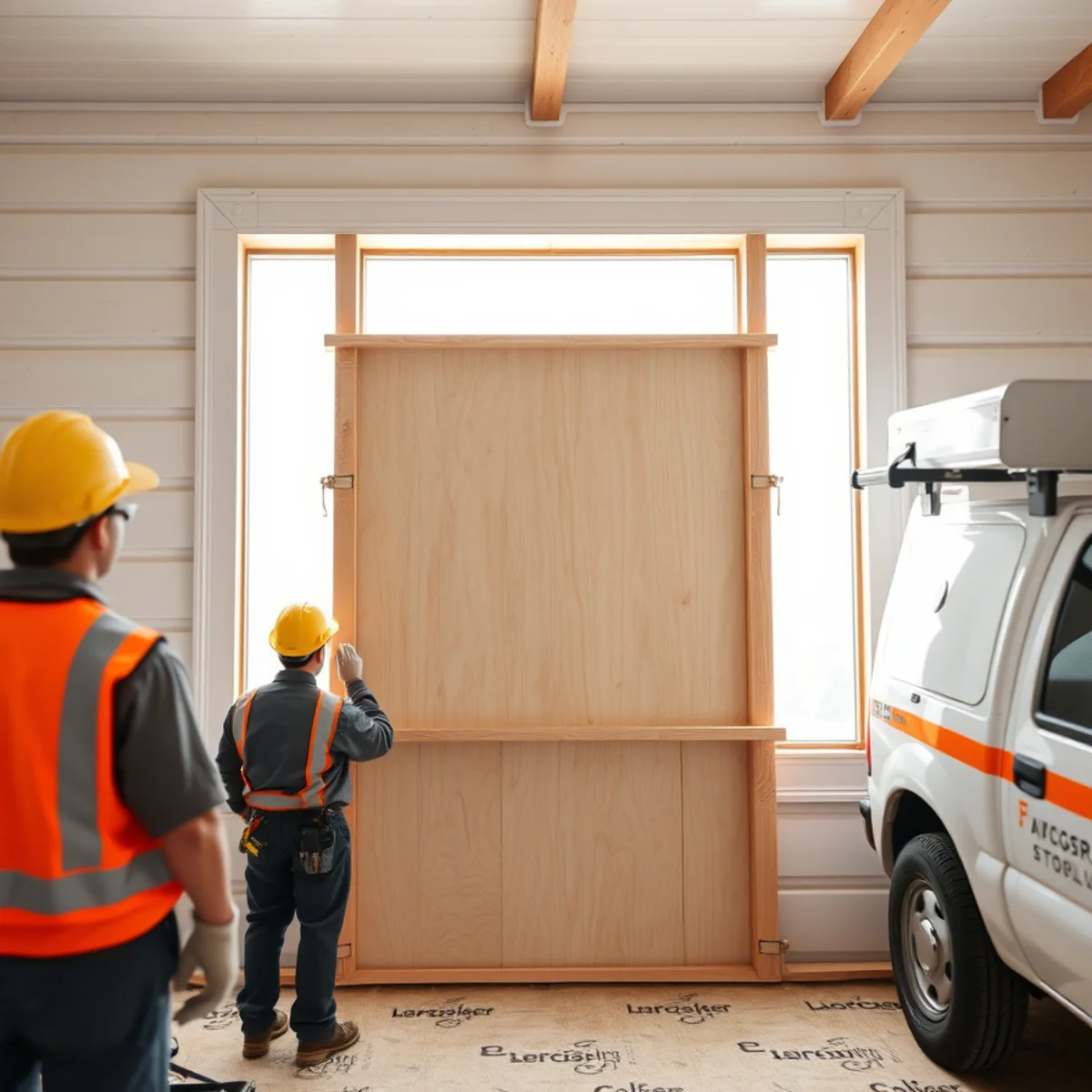 Heavy-duty exterior plywood window cover secured with interior non-destructive 2x4 tension bracing