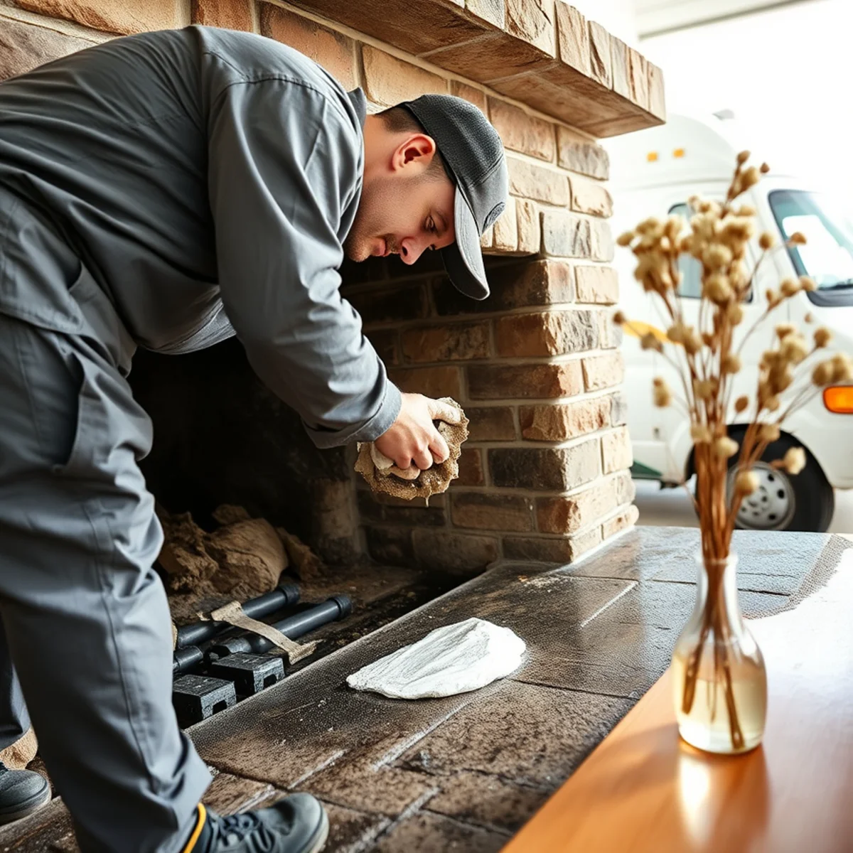 Alkaline poultice paste applied to smoke-blackened fireplace fieldstone to extract carbon staining