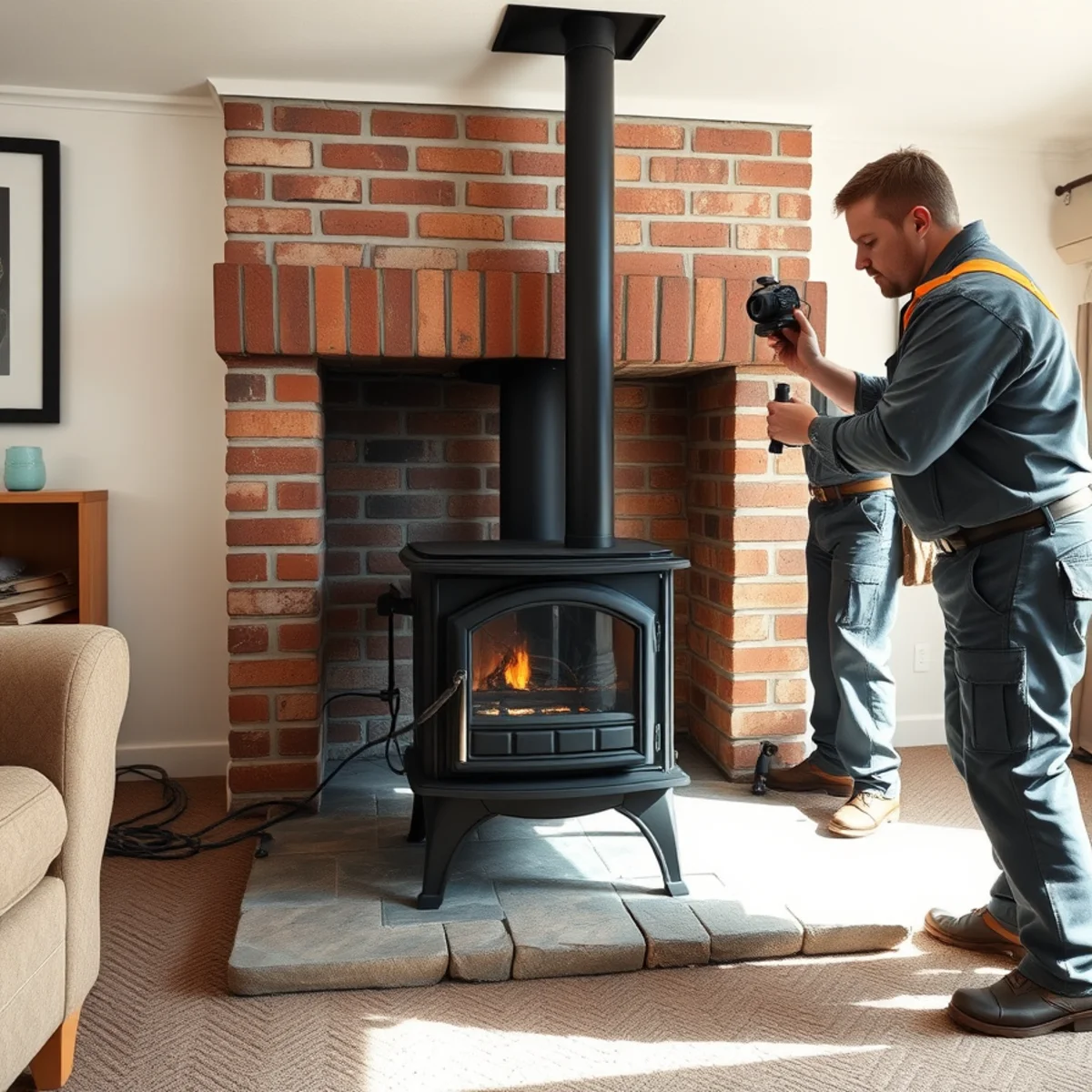 Cast iron wood stove and fieldstone hearth undergoing chimney fire damage inspection