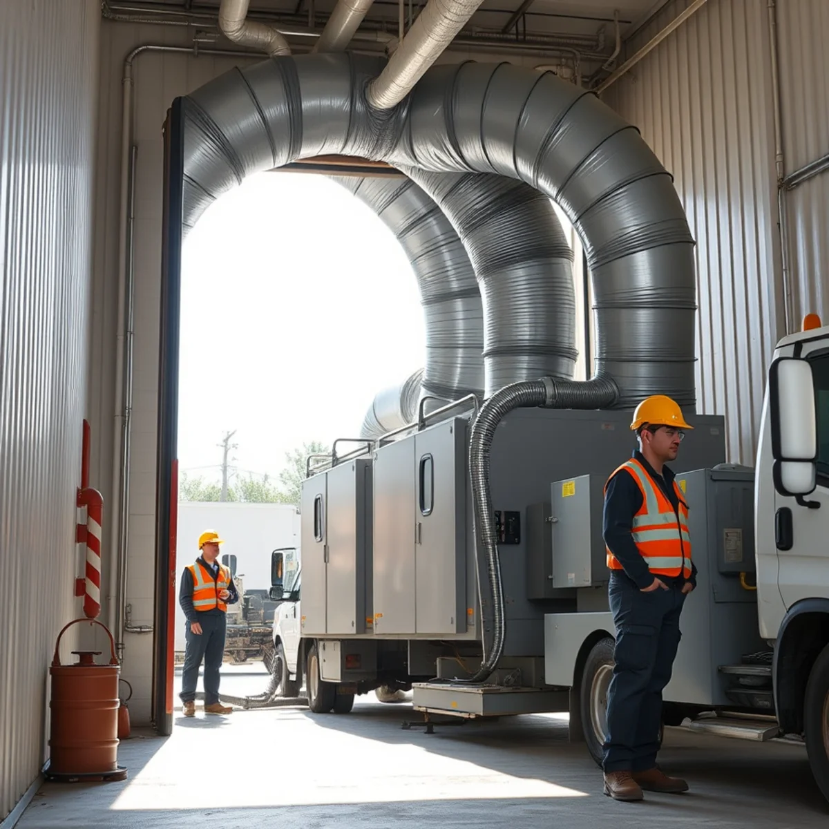 Commercial high-capacity negative air scrubbers venting filtered air through exterior doorway