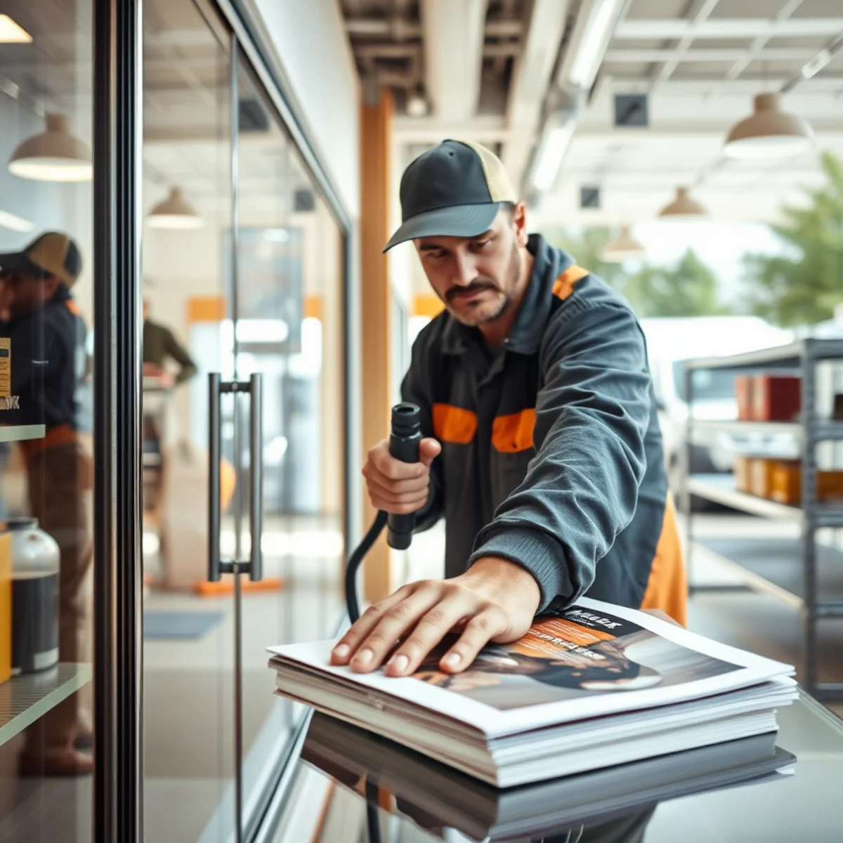 Technician wiping soot film from retail display shelving and commercial merchandise fixtures