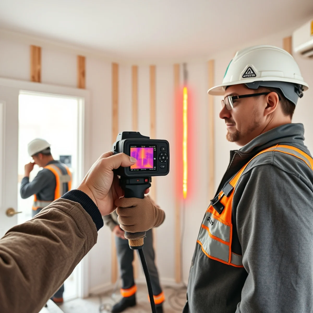 Thermal camera displaying vertical heat anomaly of smoldering wiring inside drywall stud cavity