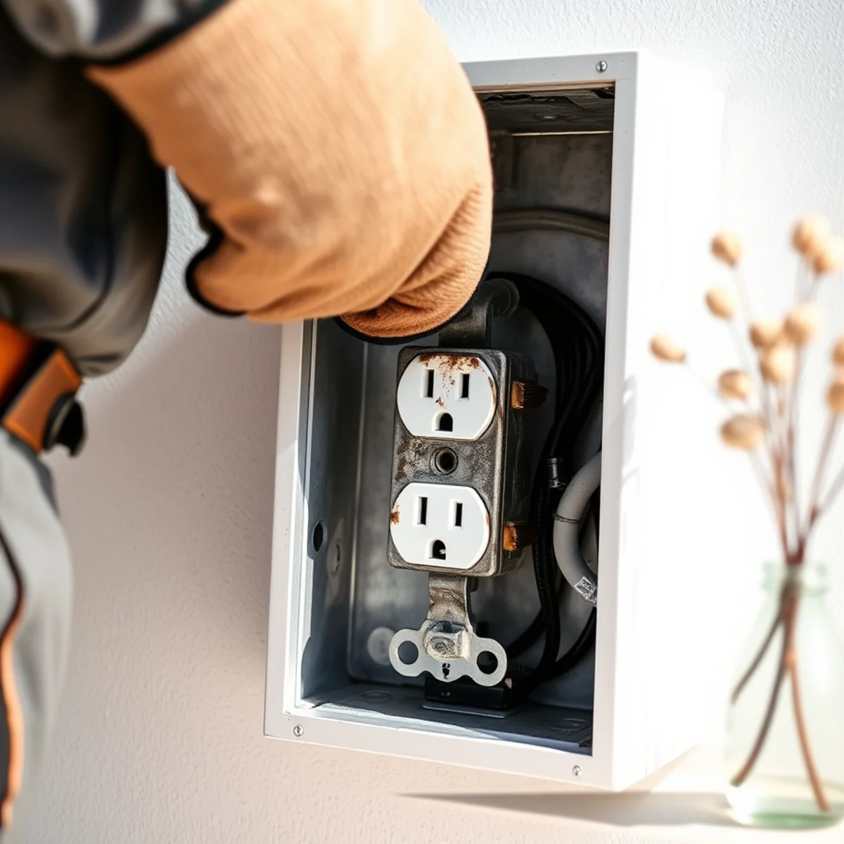 Technician removing melted electrical receptacle and charred wiring from wall junction box