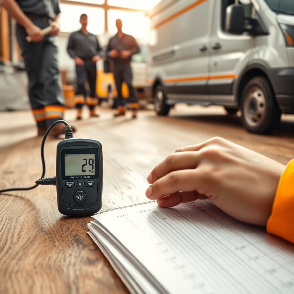 Digital pin moisture meter reading 28 percent moisture content on soaked subfloor plywood
