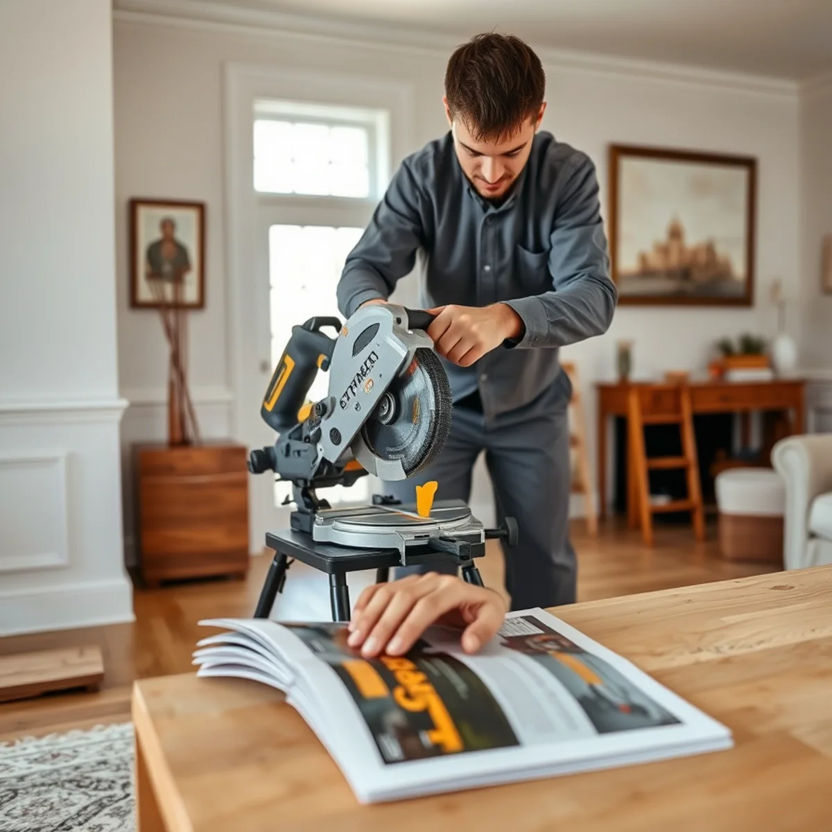 Trim carpenter cutting colonial baseboard molding on portable miter saw inside restored home