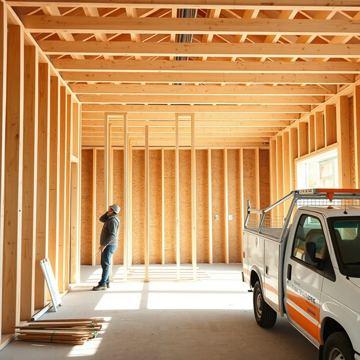 Residential interior reconstruction showing fresh lumber framing and new rough-in work
