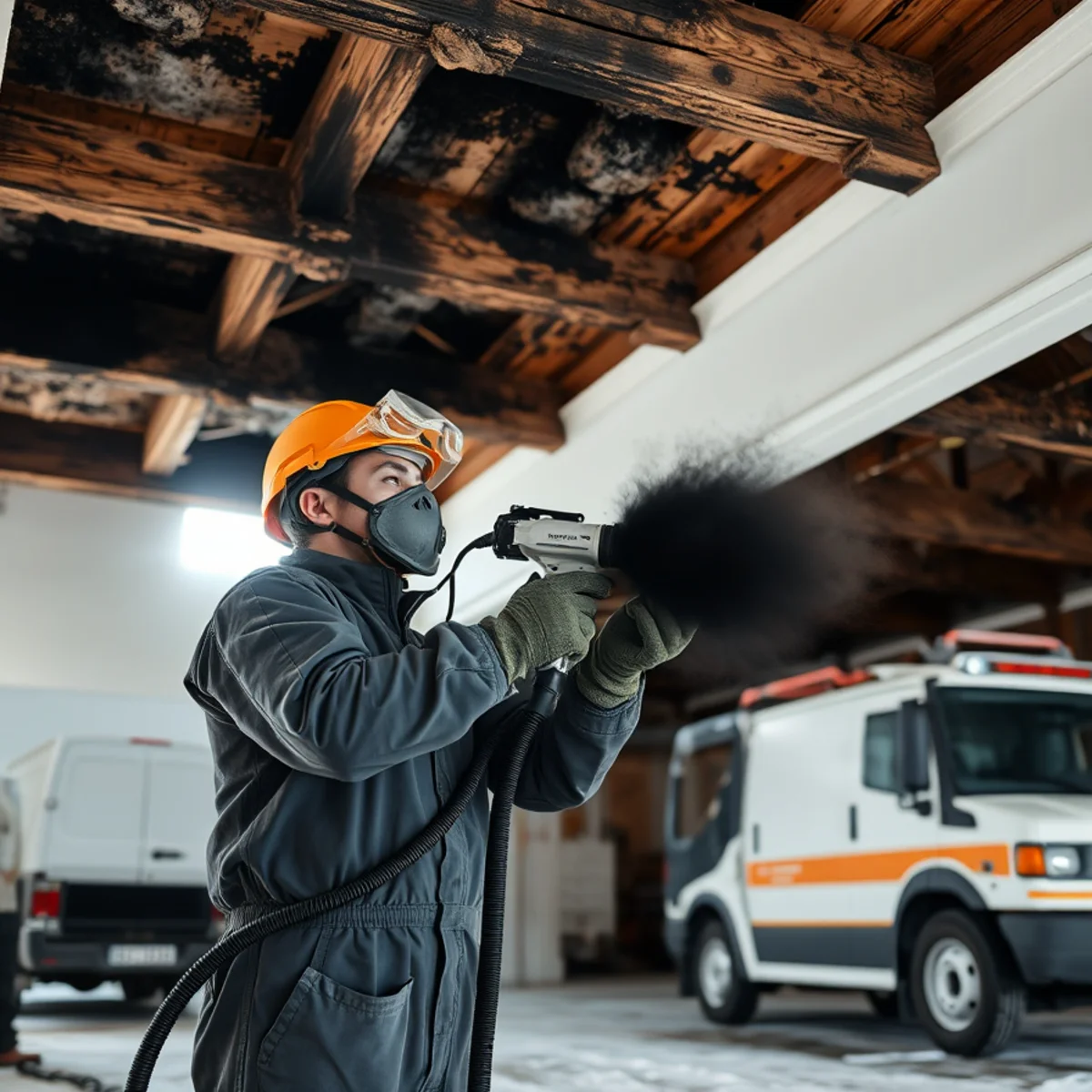 Dry ice blasting equipment removing surface soot from heavy timber beams without abrasive damage