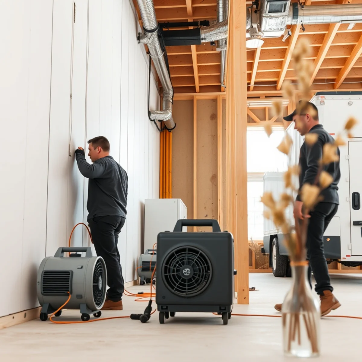 Commercial centrifugal air movers and dehumidifier drying exposed structural wall cavities