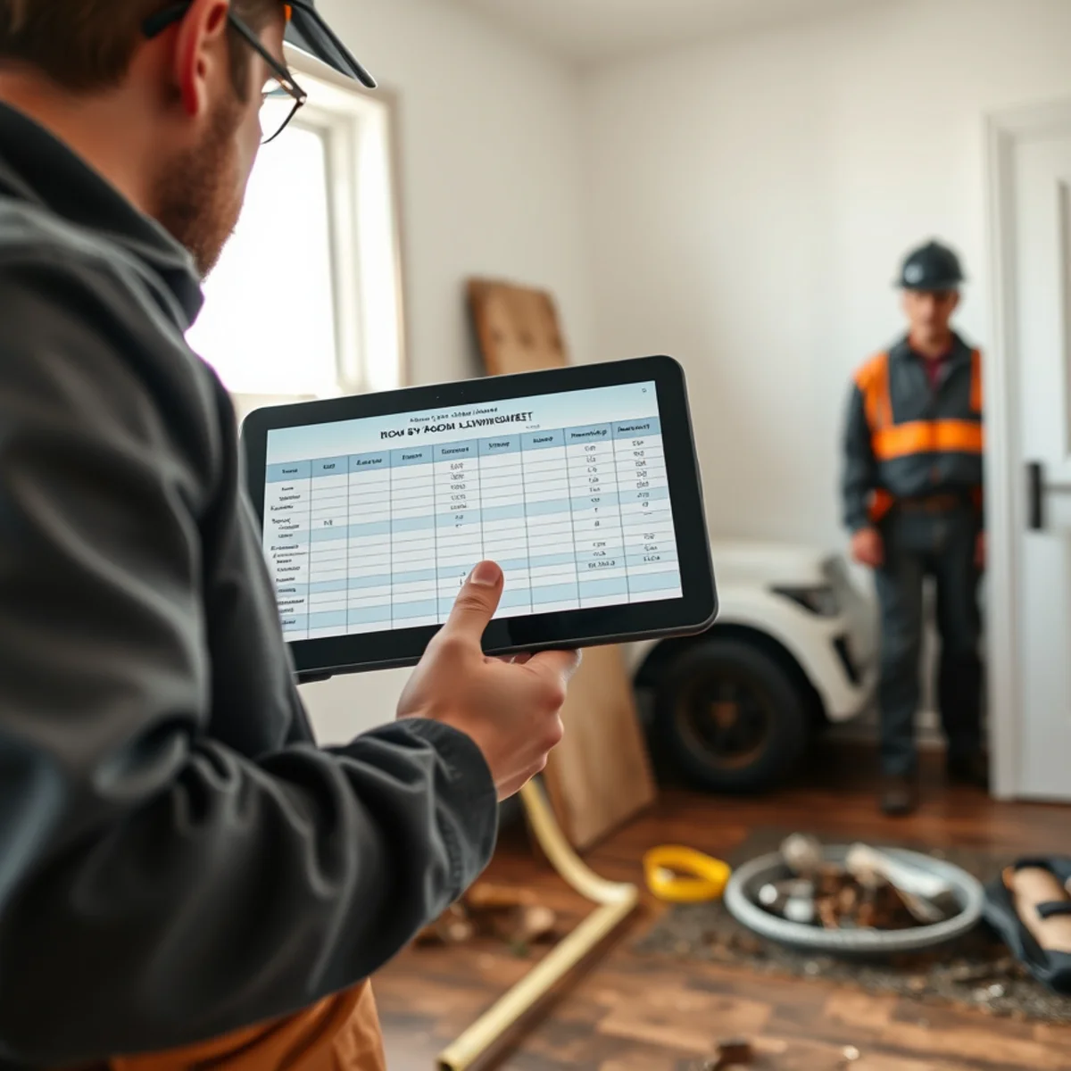 Insurance loss estimator compiling itemized room-by-room damage documentation on electronic tablet