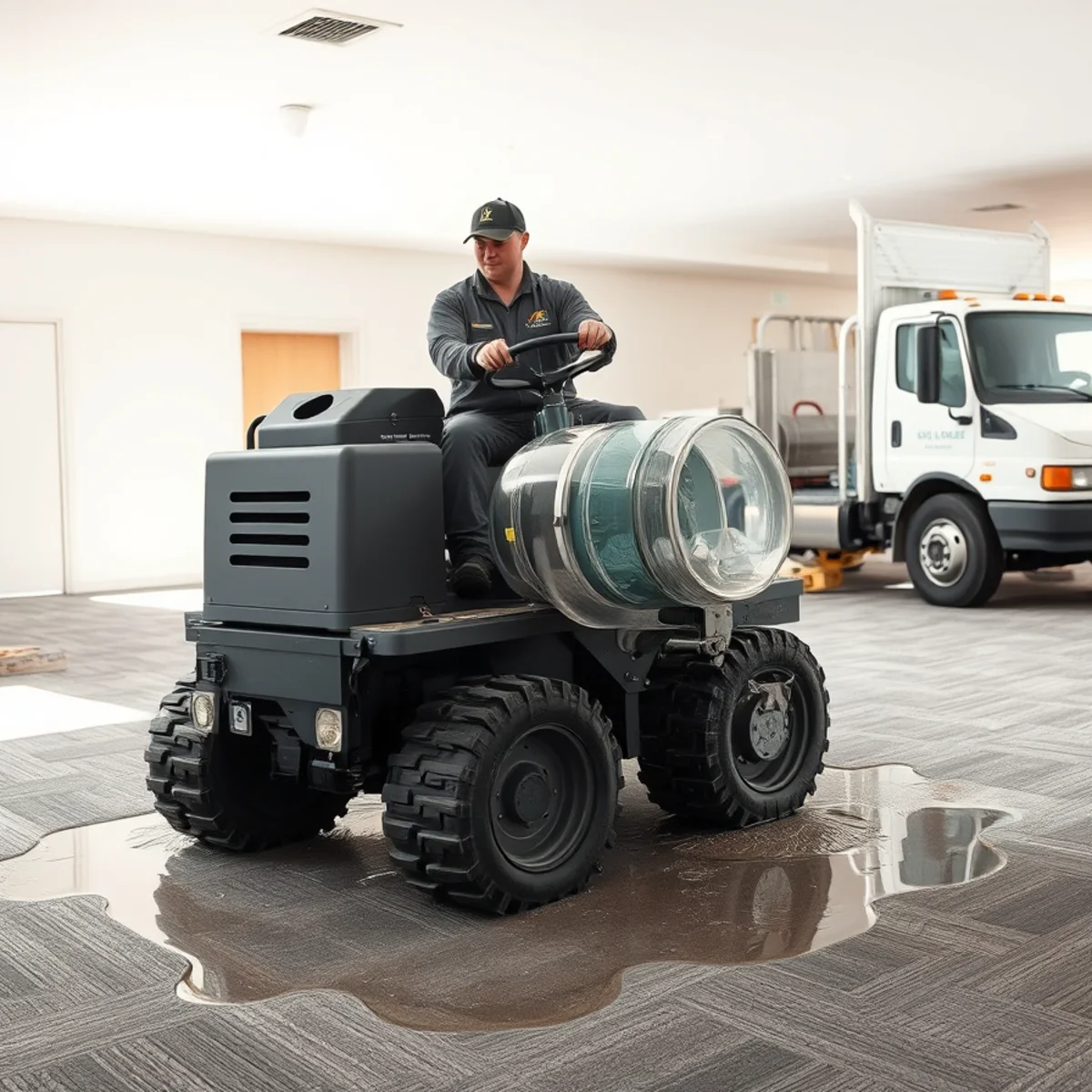 Commercial self-propelled weighted extraction rover removing water from saturated carpet