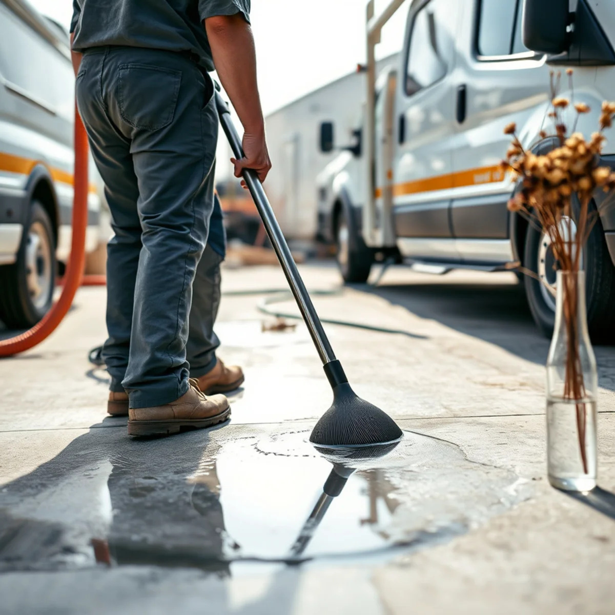 Technician using commercial wet vacuum squeegee wand to strip water puddles from concrete slab