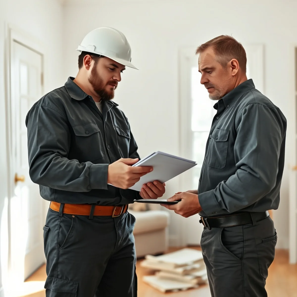 Restoration project manager and insurance adjuster reviewing structural damage scope on site