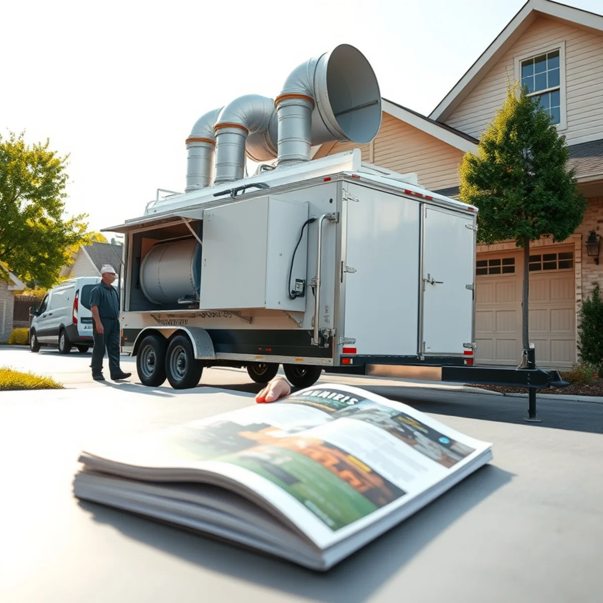 Trailer-mounted industrial desiccant dehumidifier pumping dry air into flooded building structure