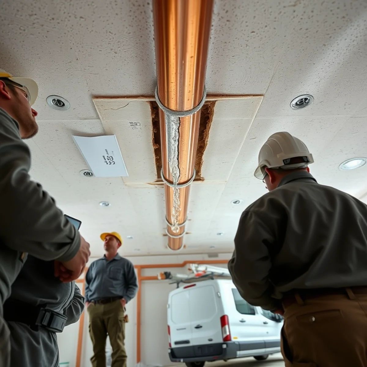 Split copper water pipe with longitudinal freeze crack exposed inside opened ceiling cavity