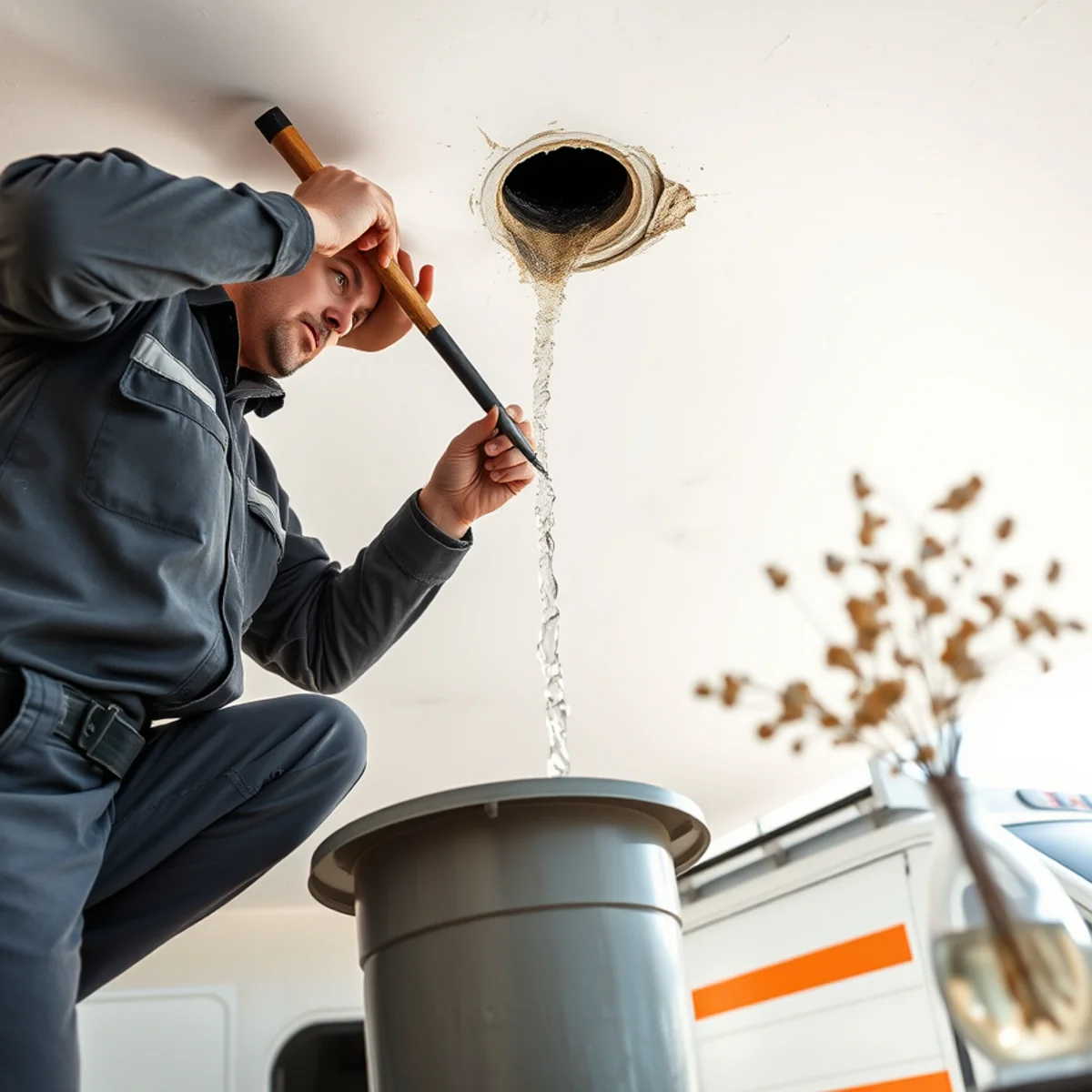 Technician carefully relieving trapped water pocket in bulging plaster ceiling with collection funnel