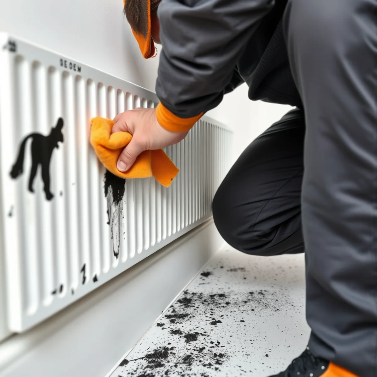 Technician cleaning oily black soot film from residential forced-air baseboard heating register