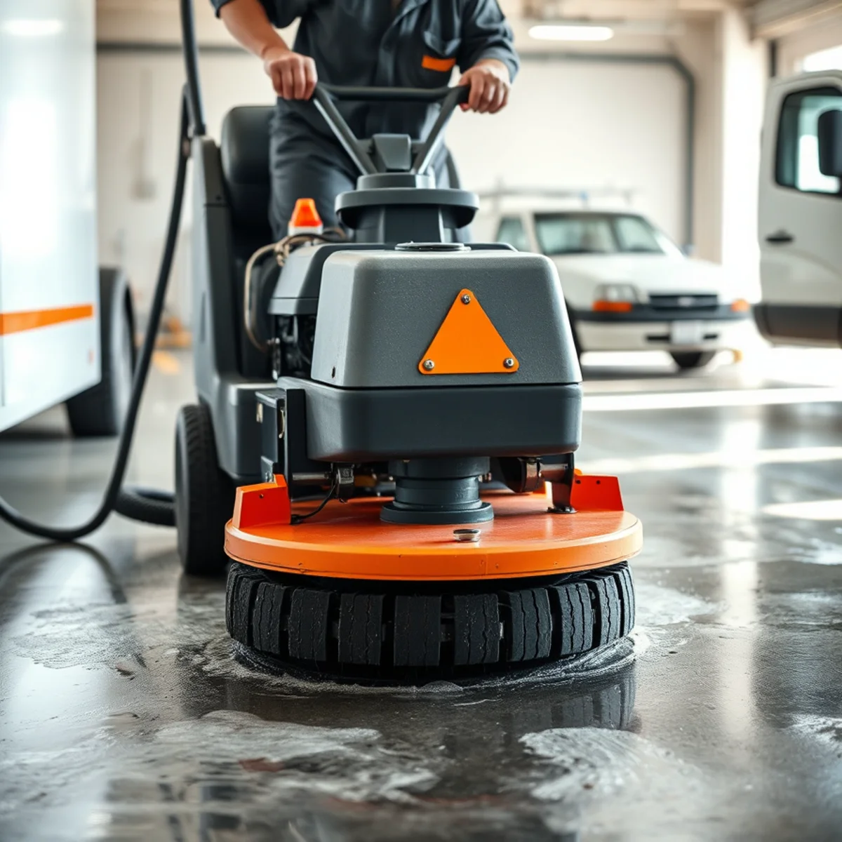 Commercial rotary floor machine scrubbing oily fire residue from garage concrete slab