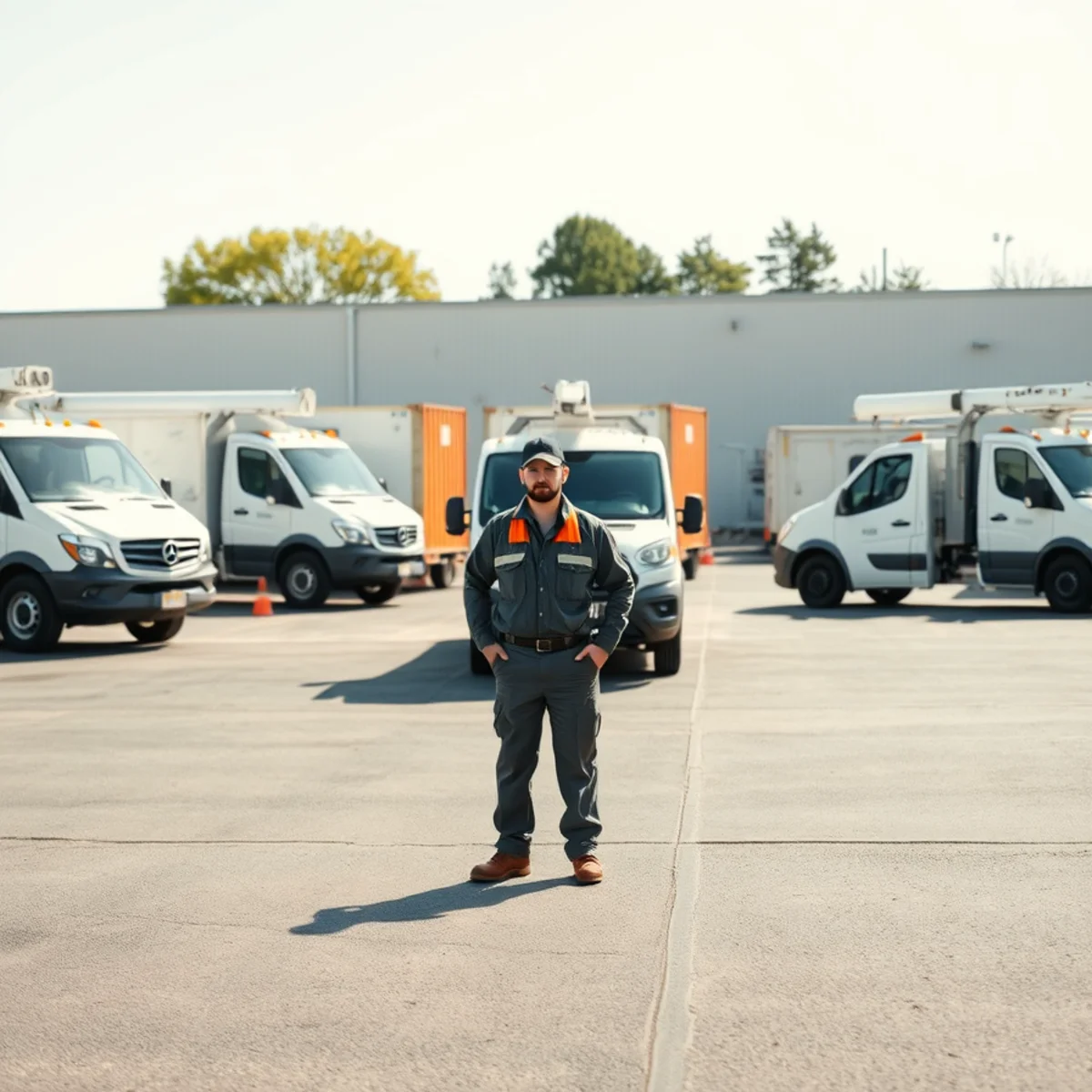 Commercial emergency restoration vehicle fleet staged at regional dispatch facility