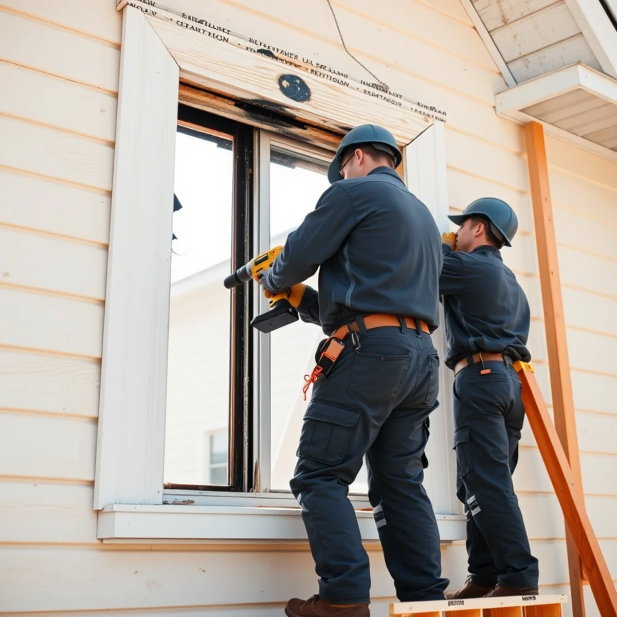 Restoration technicians installing protective exterior-grade plywood window board-up on frame home