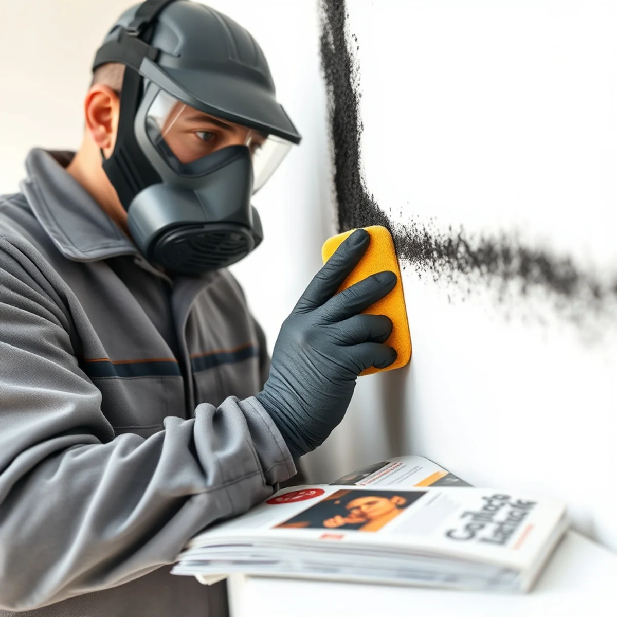 Technician using vulcanized dry chemical sponge to wipe black soot residue from interior drywall