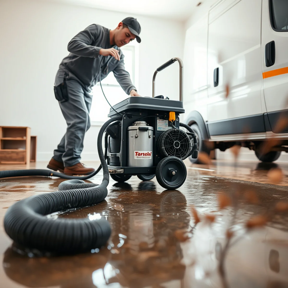 Commercial high-volume water extraction machine removing standing firefighting water from subfloor