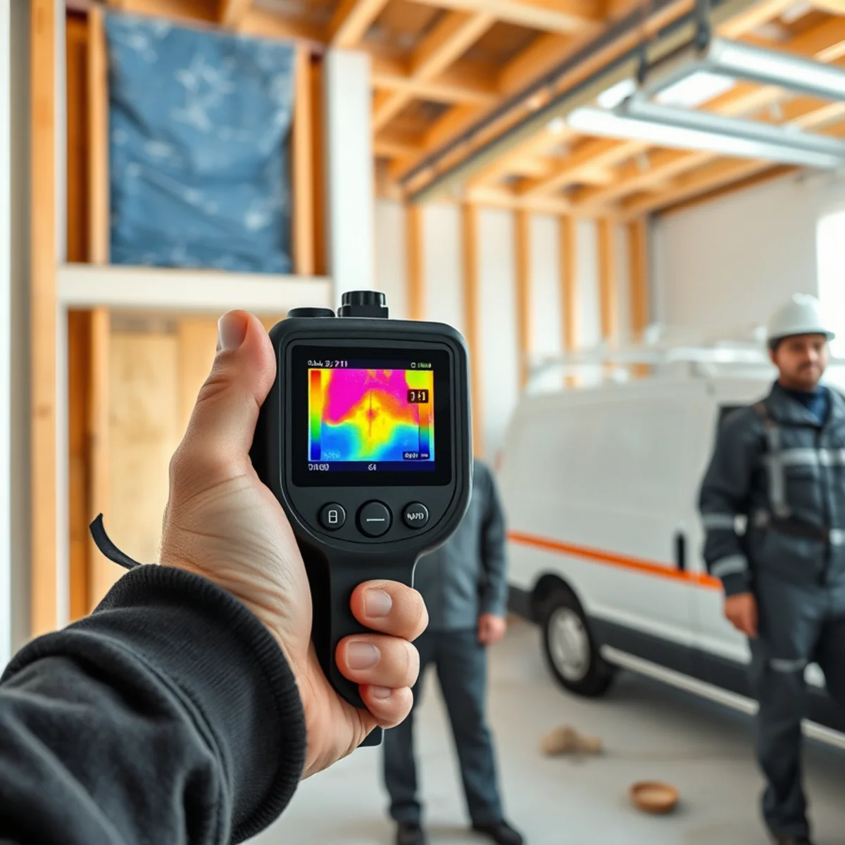 Infrared thermal imaging camera identifying hidden moisture pockets behind finished drywall