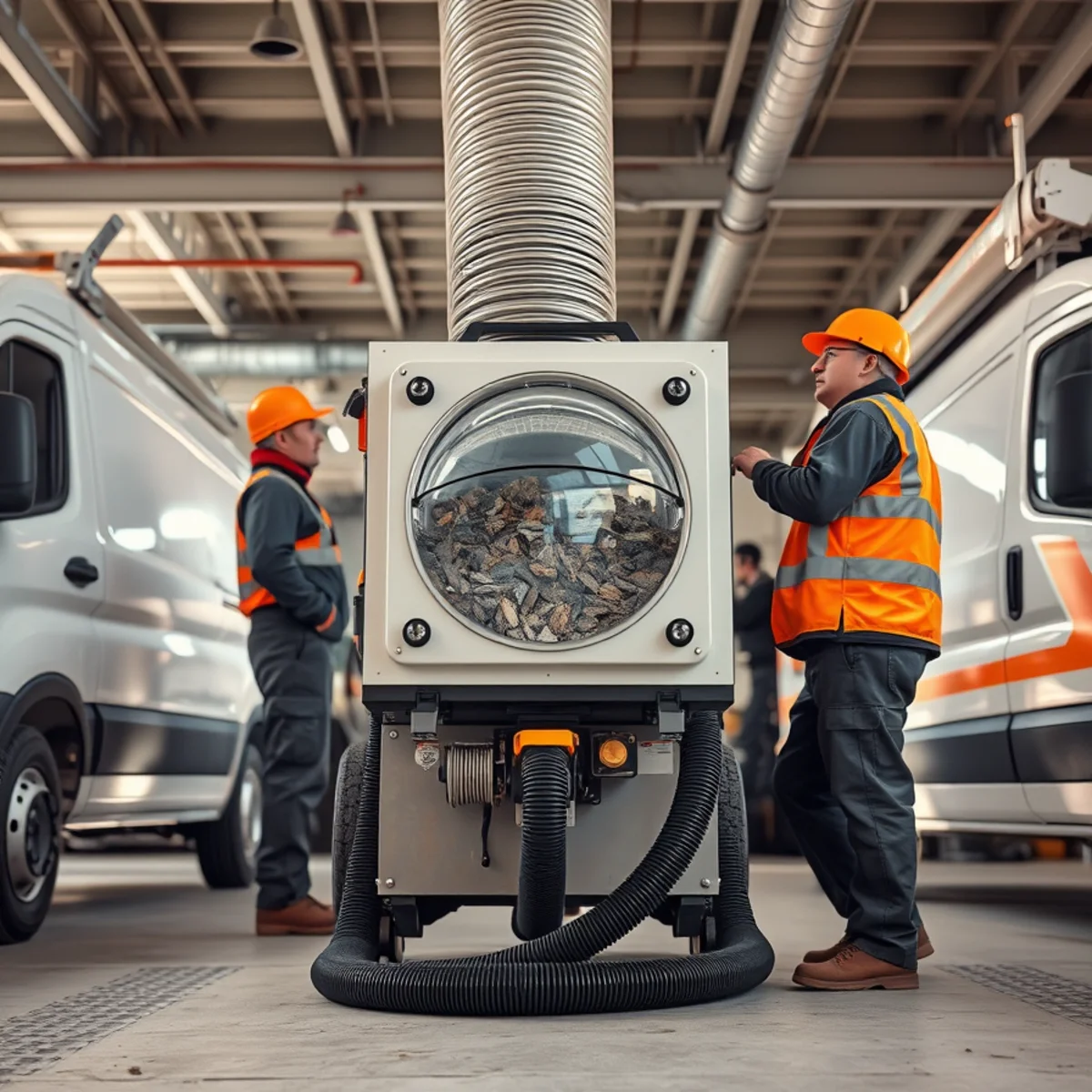 High-powered HEPA negative air machine extracting dislodged soot debris from ductwork trunk line