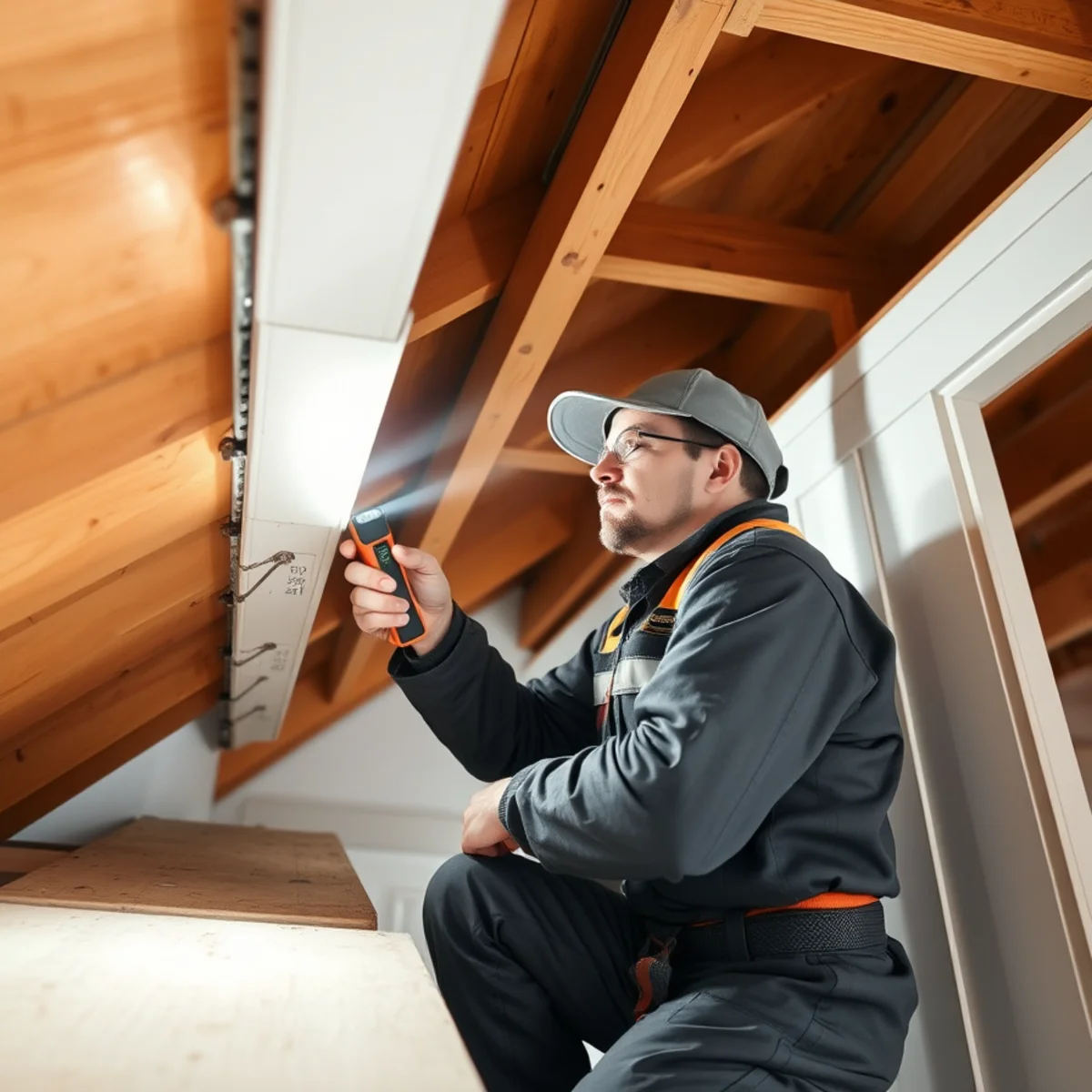 Technician inspecting water intrusion staining along attic soffit eave and rafter tails