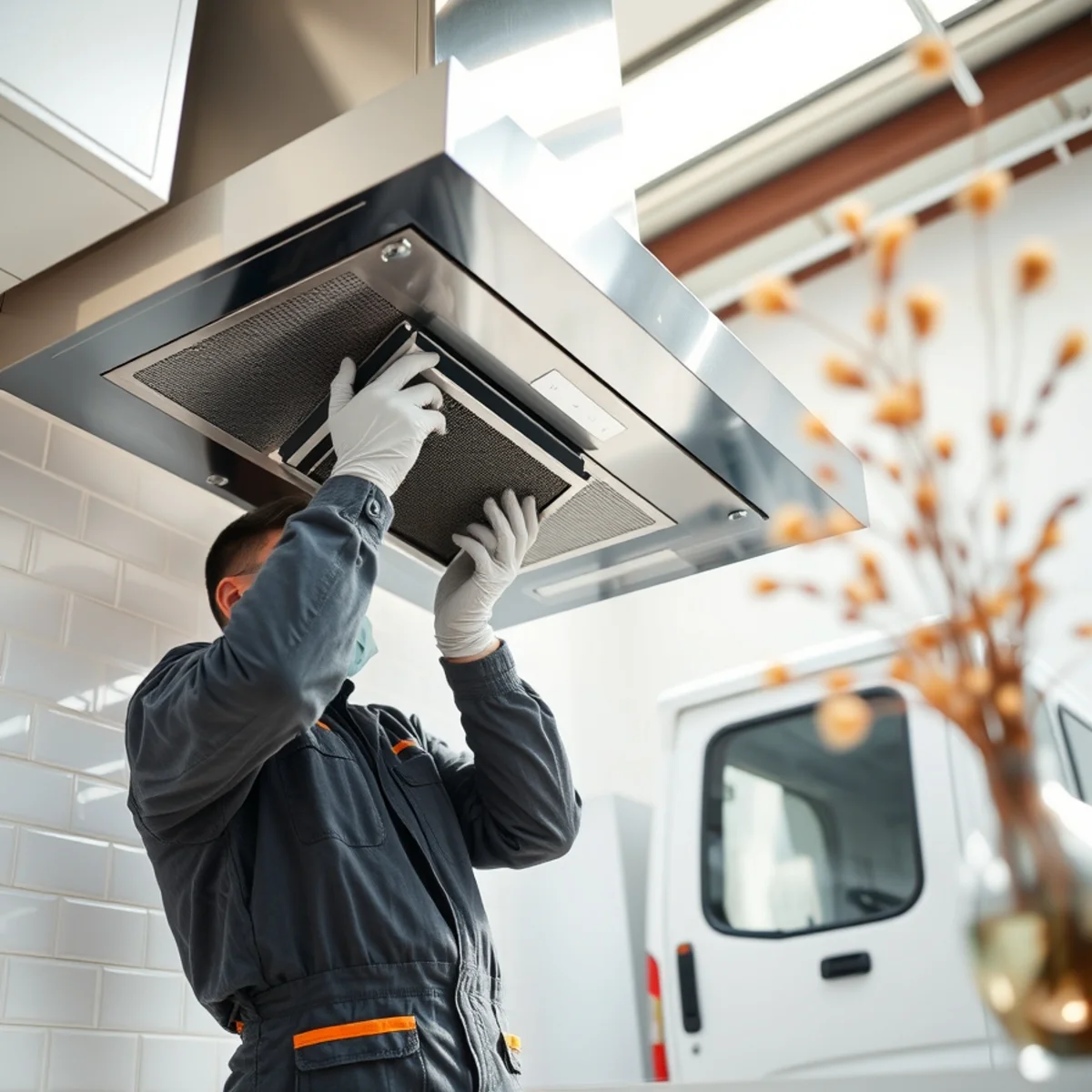 Technician disassembling and degreasing stainless steel kitchen range hood exhaust blower motor