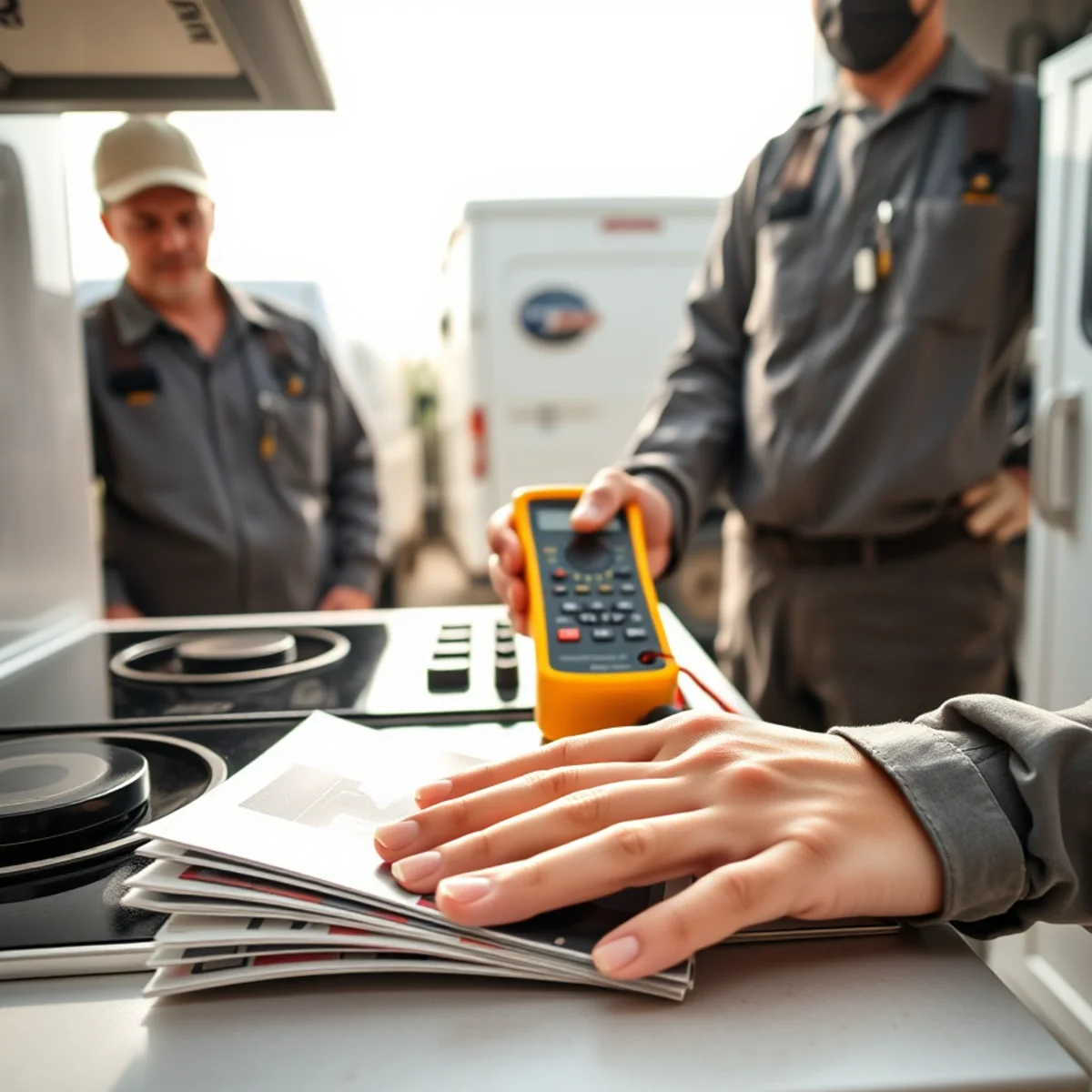 Technician testing cooktop electrical terminal with digital multimeter for safe electrical isolation