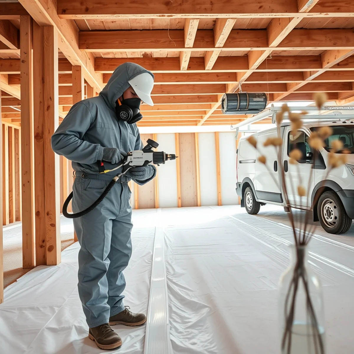 Technician in Tyvek suit applying antimicrobial coating to wooden basement framing members