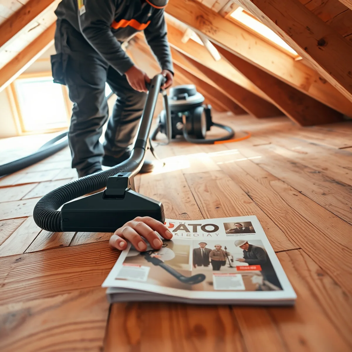 HEPA vacuum removing microbial spores from wooden attic roof sheathing framing boards