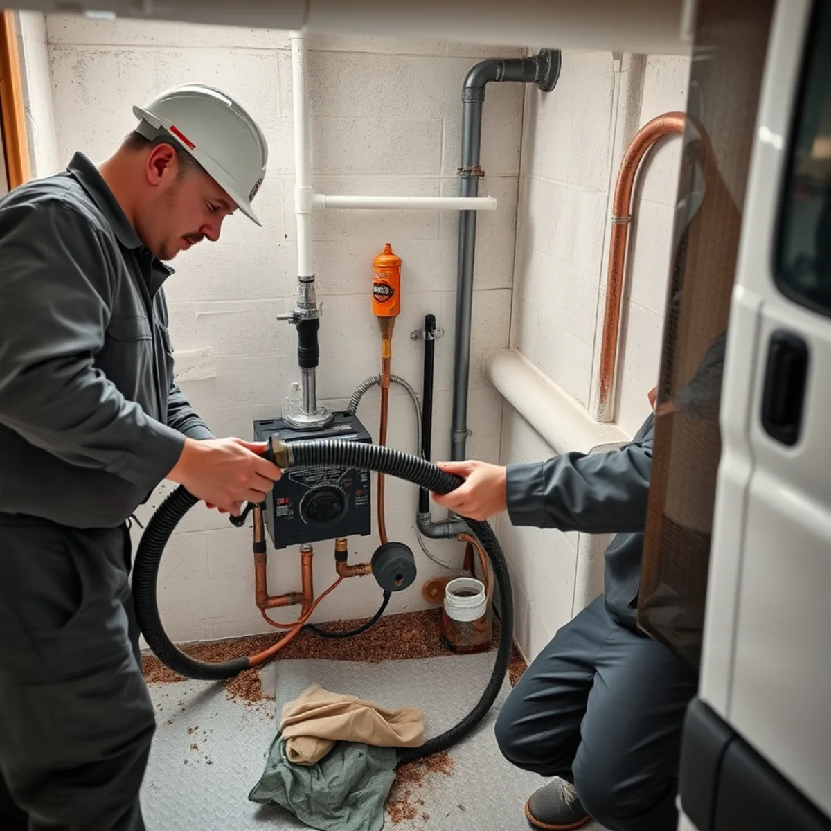 Technician using compressed air to evacuate standing water from residential copper plumbing manifold